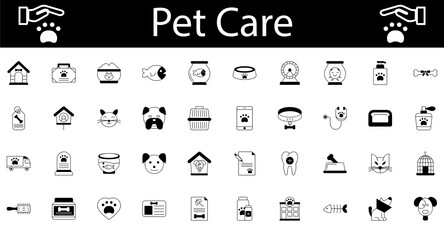 Pet Care Icons Set, Rescue and Adoption Vector Glyph, Cat and Dogs accessories Symbol on White Background, Animal foster care and Shelter Symbol on White Background