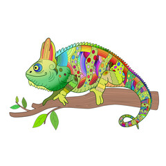 Hand drawn decorative chameleon is sitting on a tree branch