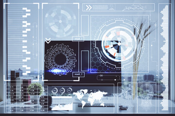 Multi exposure of table with computer on background and data theme drawing. Concept of innovation.