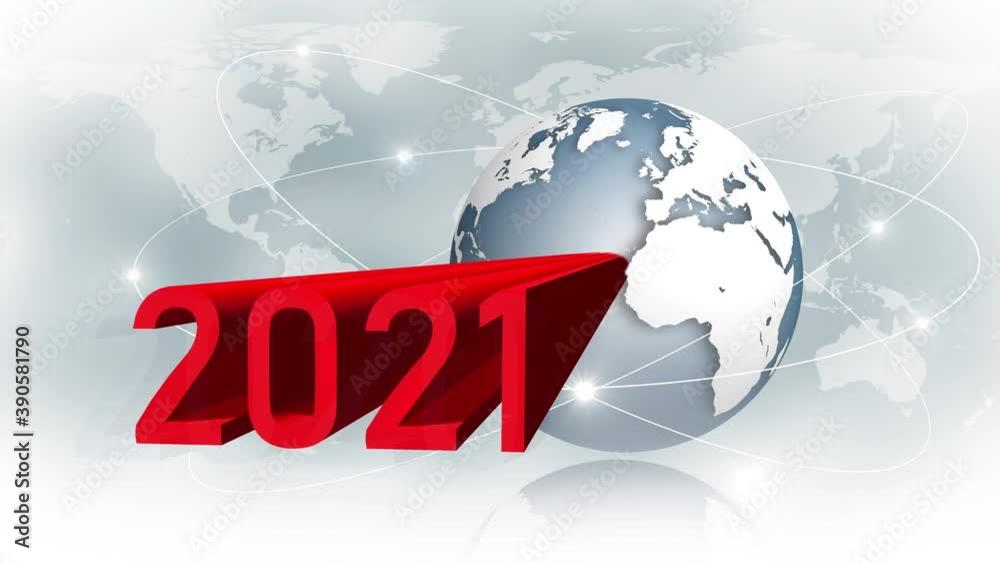 Poster year change 2021 - abstract text animation - earth globe in front of world map background and satell