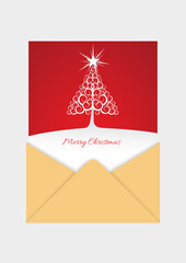 Fototapeta na wymiar Printable Christmas card. Open envelope with paper sheet or invitation card template. Vector isolated illustration.