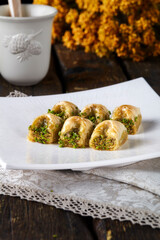 walnut, pistachio turkish style antep baklava presentation and service