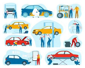 Car service, mechanic and auto maintenance repair, tire service set of vector illustrations. Automobile check up, repairman and engine, equipment. Car diagnostic professional garage.