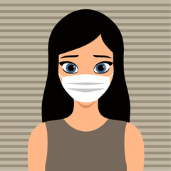 Beautiful vector brunette fashion girl illustration. Lovely proud woman wearing anti covid-19 face mask. 