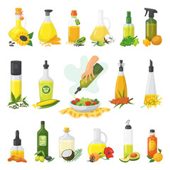Cooking vegetable oil set of isolated on white vector illustrations. Different types of oil for cooking with avocado, sunflower, olives, seeds and corn. Extra virgin, glass bottles, for frying,