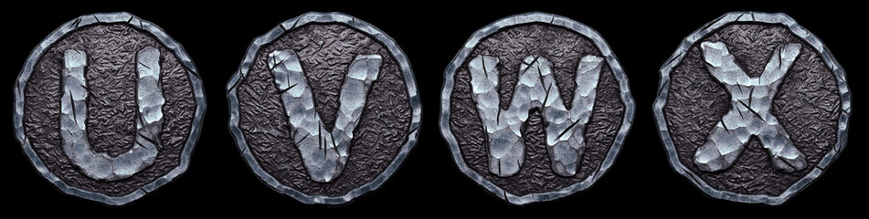 Set of capital letters U, V, W, X made of forged metal in the center of coin isolated on black background. 3d