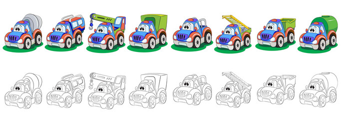Set of painted and coloring book cartoon truck.