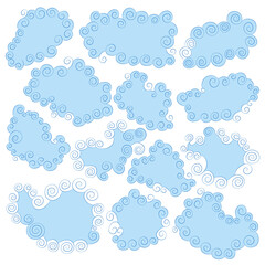 Set of blue glamor speech clouds with curls and waves