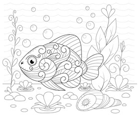 Hand drawn decorative fish in the waves and with seaweed