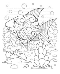Hand drawn decorative fish in the waves and with seaweed