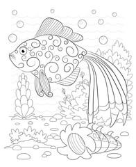 Hand drawn decorative fish in the waves and with seaweed