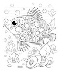 Fototapeta premium Hand drawn decorative fish in the waves and with seaweed