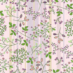 Seamless Floral Pattern with branches, leaves, flowers and berries