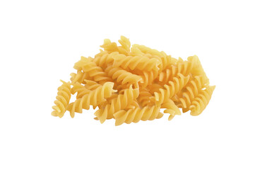 Heap of uncooked Fusilli pasta isolated on white background