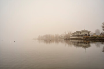 Fototapeta na wymiar morning fog in Haapsalu town. Estonia