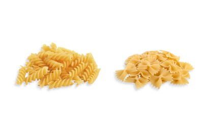 Uncooked Farfalle, Fusilli pasta isolated on white background with shadow.