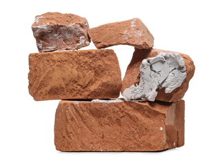 Shattered, broken bricks isolated on white background
