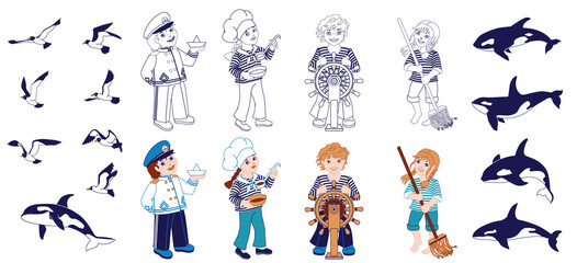 Naklejka premium Nautica Set of cartoon characters. Coloring page.