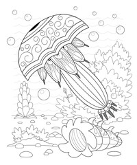 Hand drawn decorative jellyfish in the waves and with seaweed