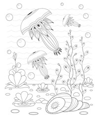 Naklejka premium Hand drawn decorative jellyfish in the waves and with seaweed