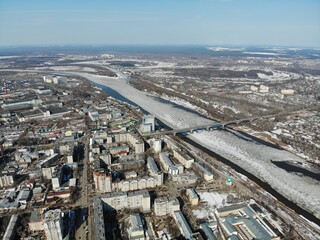Aerial view of the city of Kirov and the Vyatka river in spring