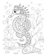 Hand drawn decorative sea Horse in the waves