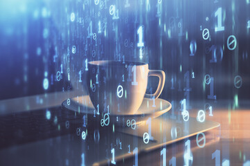 Double exposure of desktop computer and technology theme hologram. Concept of software development.
