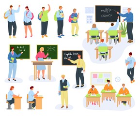 Teacher, children in school, education, lessons set of vector illustrations. Little students and man teaching. Classroom with green chalkboard, teachers desk, pupils tables and chairs.