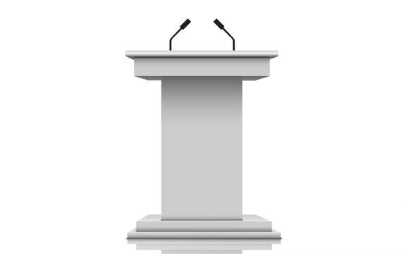 white announcement podium and microphone on the white background