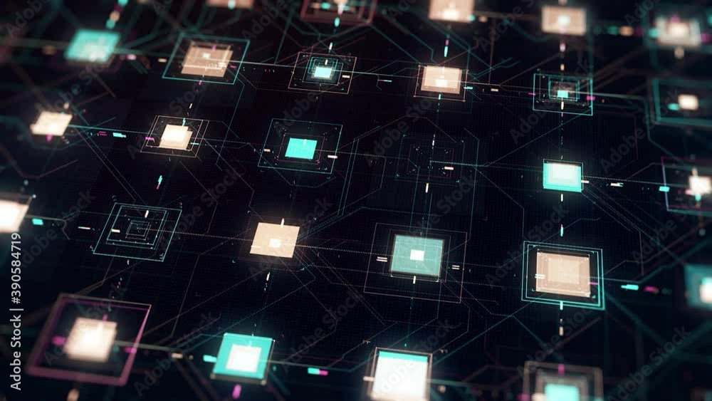 Poster data processing in circuit board abstract server. animation. data moves in the form of moving lines 