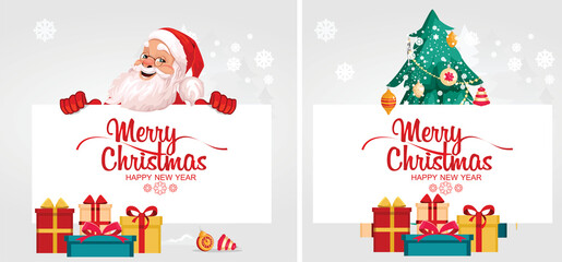 set of postcards. Merry Santa Claus and Christmas tree stands behind a large banner, signboard, advertising banner. With the inscription Merry Christmas and a gift. Vector graphics