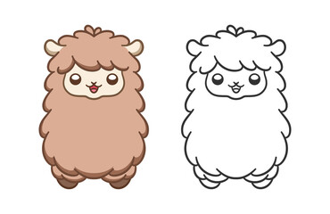 Happy fluffy alpaca, sheep, llama animal cartoon colored and outline set. Easy fun coloring book page activity worksheet for kids children. Simple flat vector illustration design. 