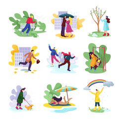 Aall four seasons and weather set of vector illustrations. People in seasonal clothes in windy autumn, snowy winter, rainy spring and sunny summer. Woman or man with umbrella, at beach.