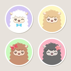 Cute sheep, alpaca, llama animal cartoon characters with different colors and happy facial expressions, set of 4. Simple flat sticker, patch, badge, pin, emblem vector illustration design.