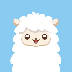 Cute white fluffy sheep, alpaca, llama animal cartoon character head with happy facial expression vector illustration design on blue background.