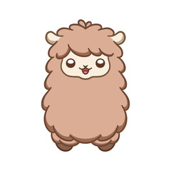 Cute brown fluffy sheep, alpaca, llama animal cartoon character head, with happy facial expression, vector illustration design on white background.