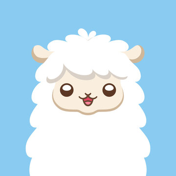 Cute white fluffy sheep, alpaca, llama animal cartoon character head with happy facial expression vector illustration design on blue background.