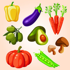 Colorful fresh vegetables set isolated, organic healthy food, vegetables collection, vector illustration