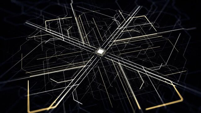 Circuit board with moving electrons, CPU processing data. Animation. Abstract visualization of computer details, concept of modern technologies.