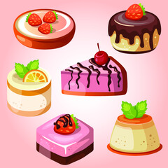 Set of cakes and slices with different flavors. Collection of cake pieces with chocolate, cream, topping, fruit.