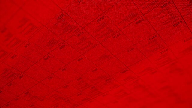 Big table with a lot of numerical data in diagonal motion. Animation. Business information, analysis of data and different indicators on bright red background, seamless loop.