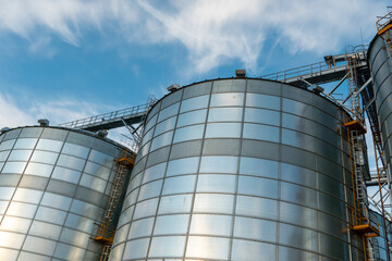 silver silos on agro manufacturing plant for processing drying cleaning and storage of agricultural products, flour, cereals and grain. Large iron barrels of grain. Granary elevator