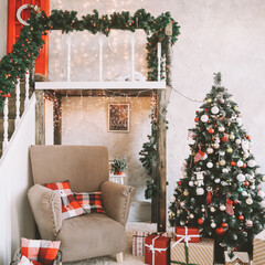 Interior room decorated for Christmas.  Home comfort of modern house. Scandinavian style Christmas home interior, relaxing place.