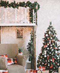 Interior room decorated for Christmas.  Home comfort of modern house. Scandinavian style Christmas home interior, relaxing place.