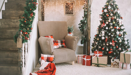 Interior room decorated for Christmas.  Home comfort of modern house. Scandinavian style Christmas home interior, relaxing place.