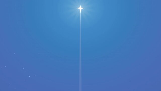 Animation of the appearance in the starry night of the Christmas star indicating the nativity crib in the middle of the desert