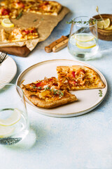 Homemade Belgian style seafood pizza, flammekeuche