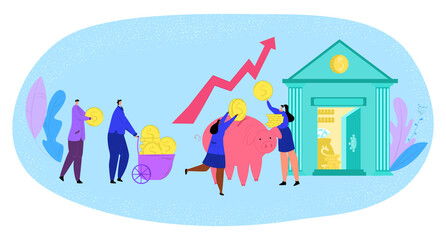 Money saving, finances, people bringing money to bank vector illustration. Happy businessman invest gold coins into piggy bank. Earnings and currency cash. Finances, income.