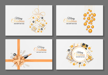 Set of Merry Christmas and Happy New Year greeting cards. White, black and golden collors. Gifts, Christmas balls, ribbons, bow, Champagne. Vector illustration for poster, banner, card, postcard.