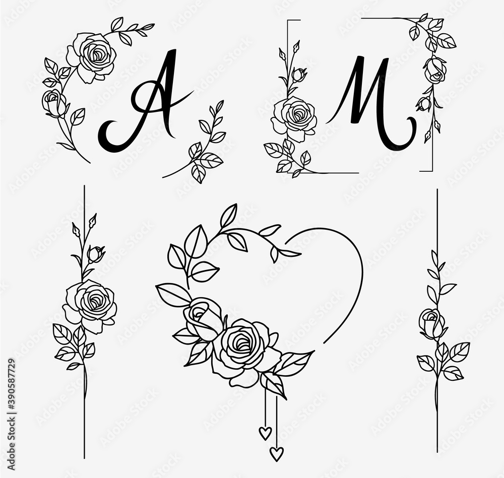 Poster set of decorative frame and border elements with roses for wedding design. hand drawn sketch. vector